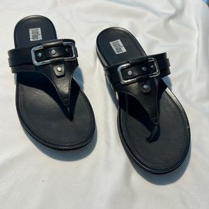 Fit Flop Black Leather Sandals with Silver Buckle Accent